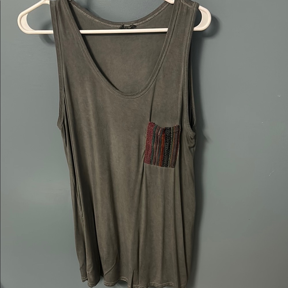 Olive Green Sleeveless Top with Patterned Pocket